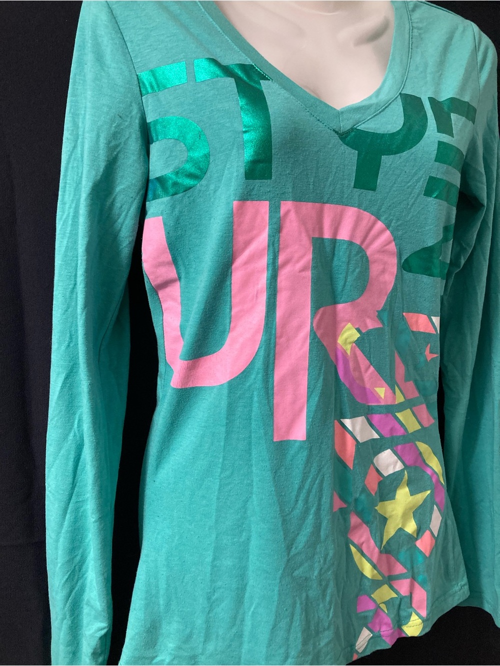 Stretch Aqua Graphic Long Sleeve Tee Y2K Surf Style M